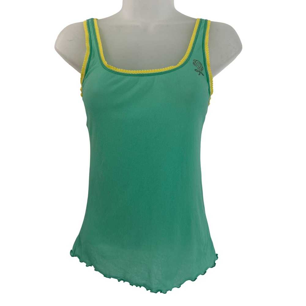 On Gossamer Y2K Green Mesh Camisole Lace Trim Rhinestone Rose Top OSFA